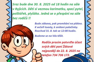 OÚ Ryjice zve všechny děti z Ryjic na akci Zábavné rozloučení s prázdninami aneb přespávačka na sále